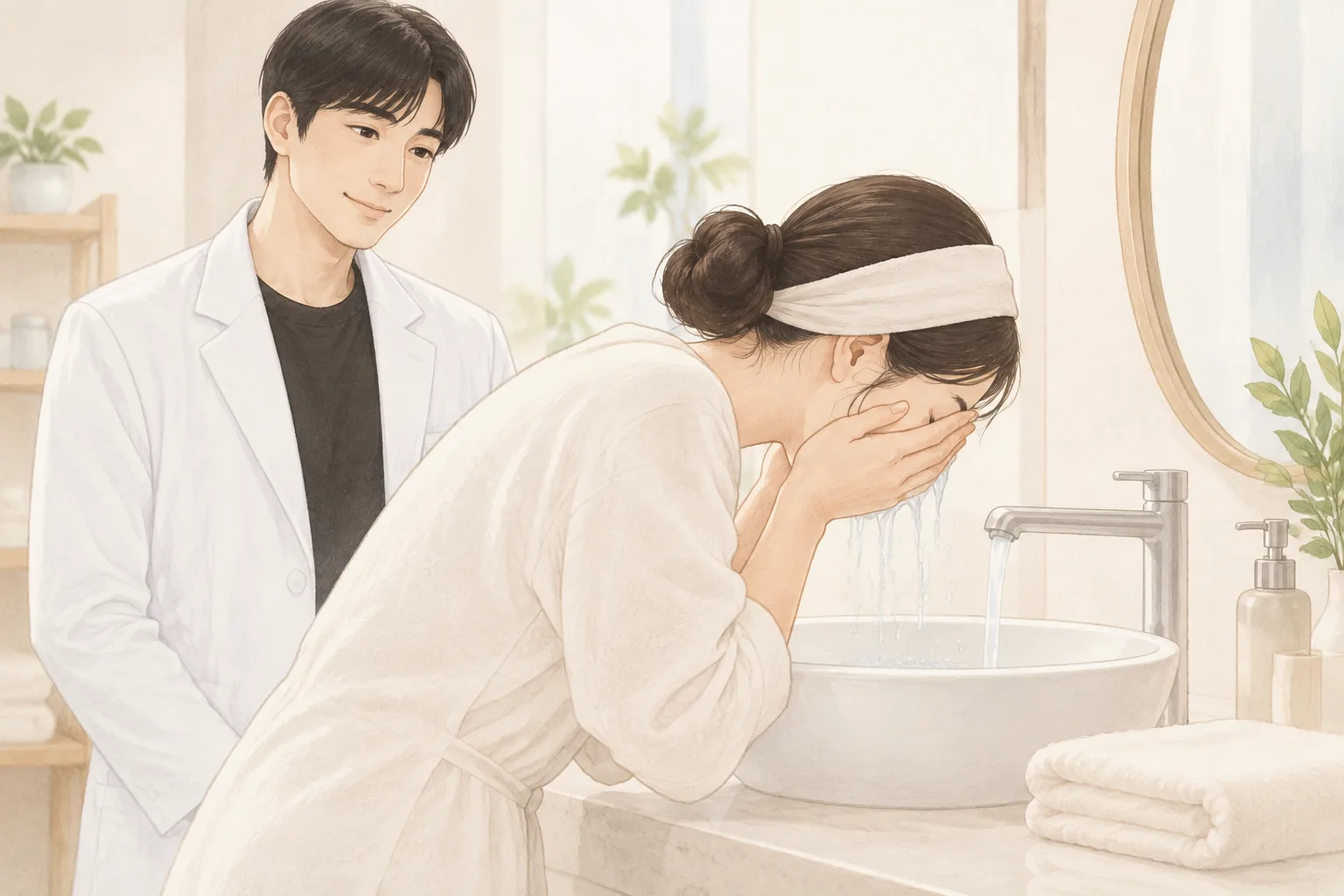 女性在洗手台用水洗脸,男性在旁观看