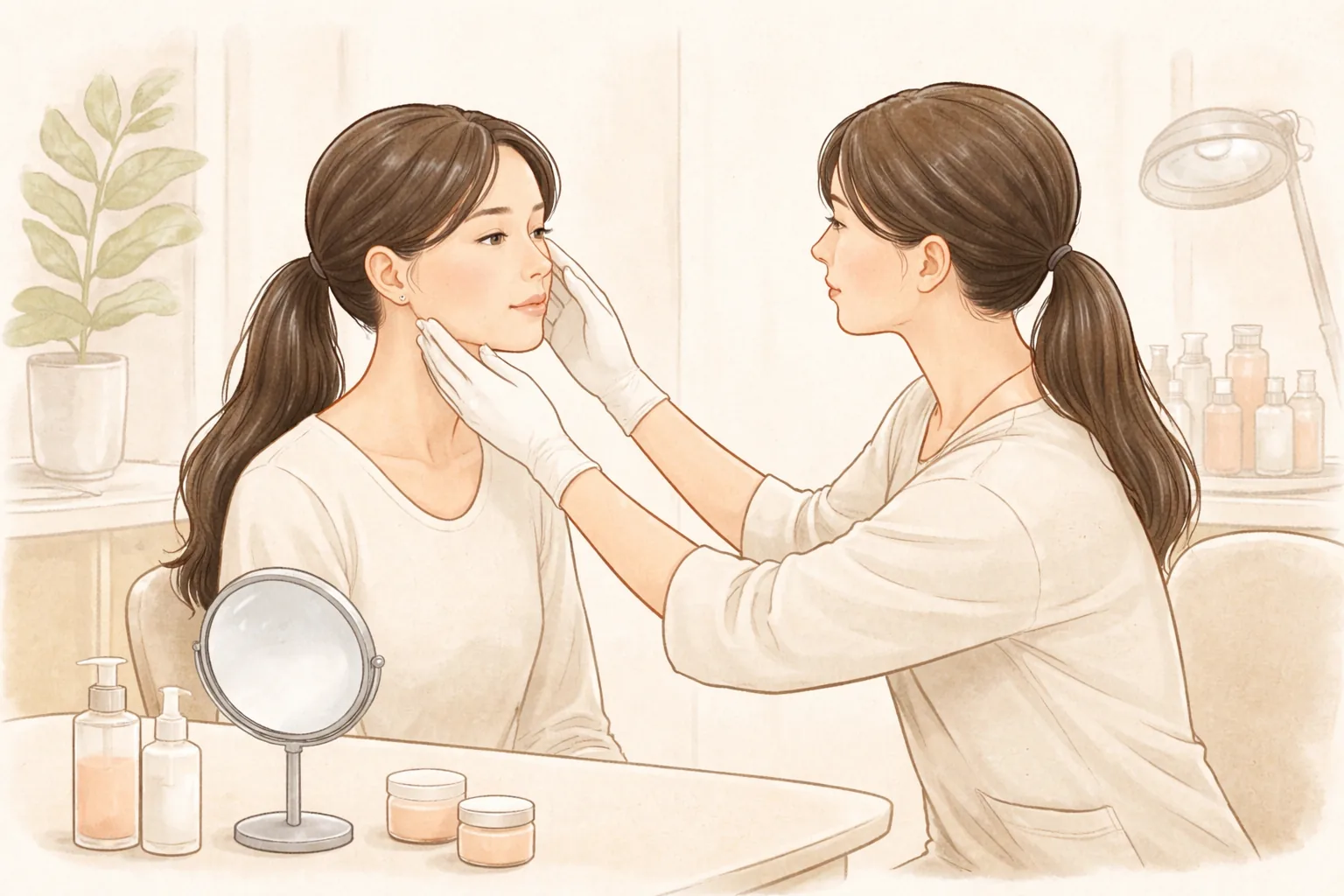 장갑을 낀 의료진이 상담실에서 여성의 볼을 살피는 모습
