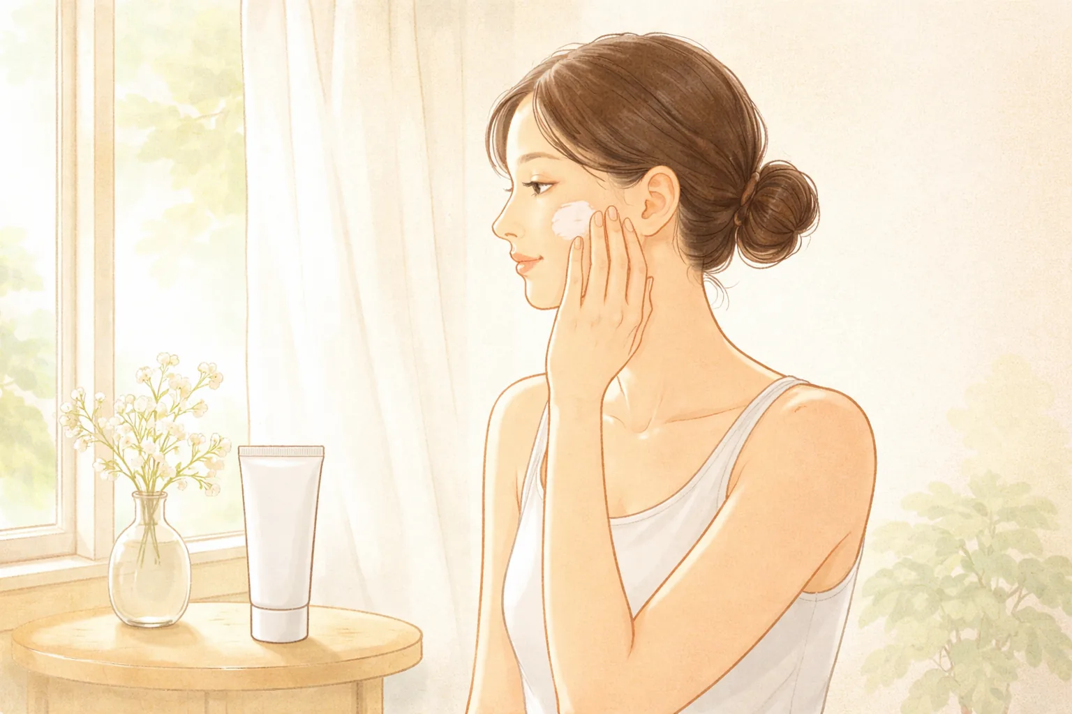창가에서 하얀 민소매 옷을 입은 여성이 볼에 크림을 바름