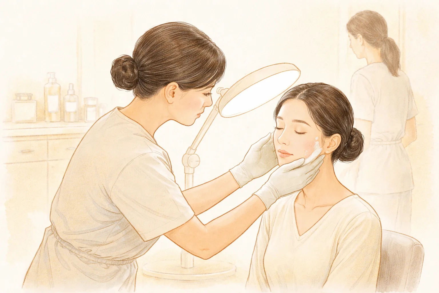 手袋をした医療スタッフが照明の下で座っている女性の頬を診ている様子