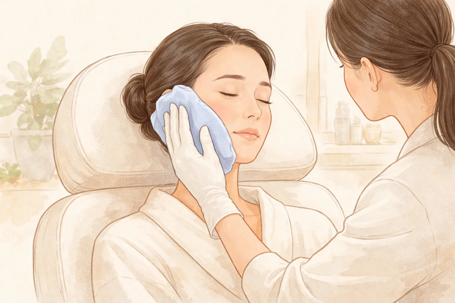 患者の頬にジェルパックを当てるスタッフと椅子に座って目を閉じる患者