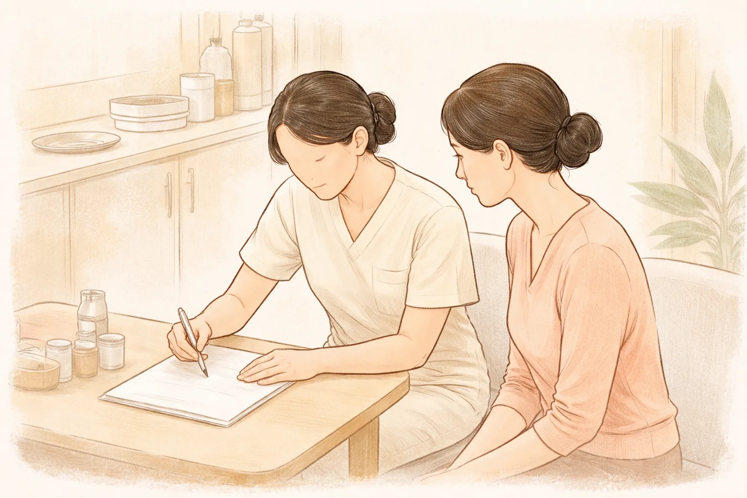 Clinician taking notes at a desk while a woman sits beside them