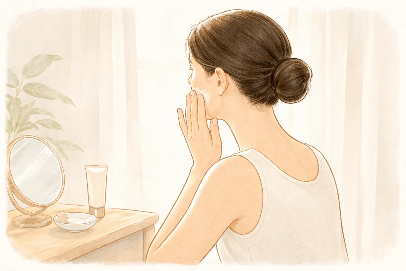 Woman with tied-back hair applying moisturizer to her cheek in front of a mirror