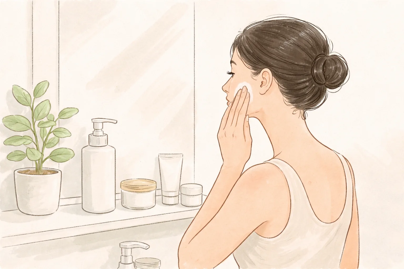 髪を束ねた女性が手で顔に保湿剤を塗っている様子