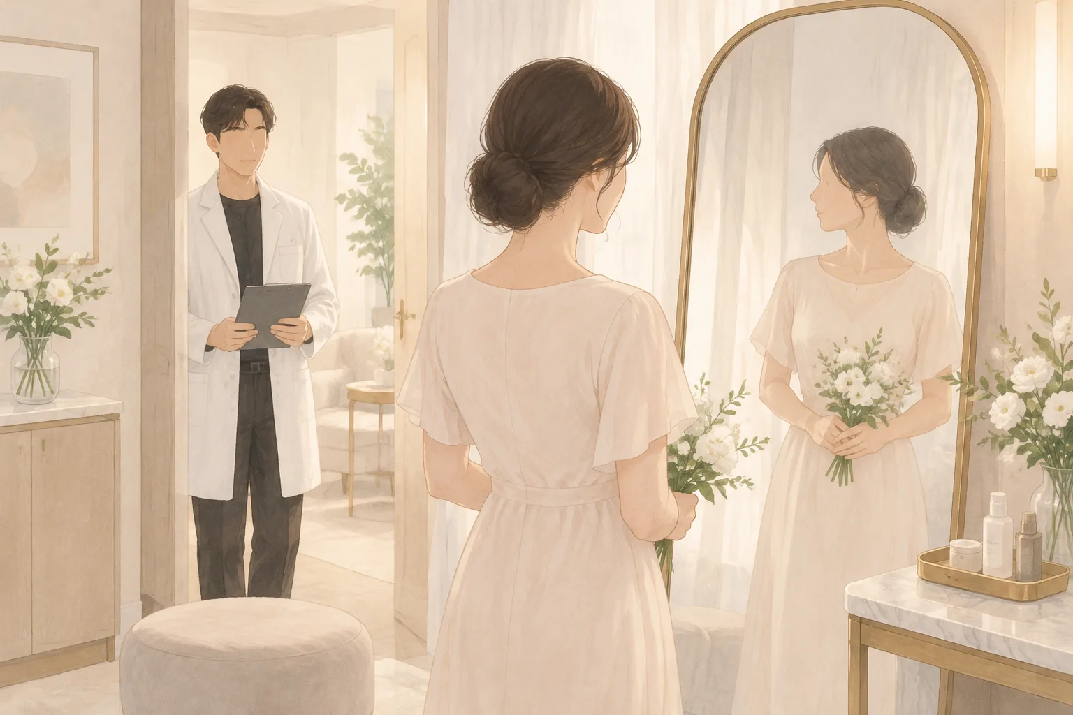 明亮更衣室里手持花束的女性照镜子,男性站着拿文件