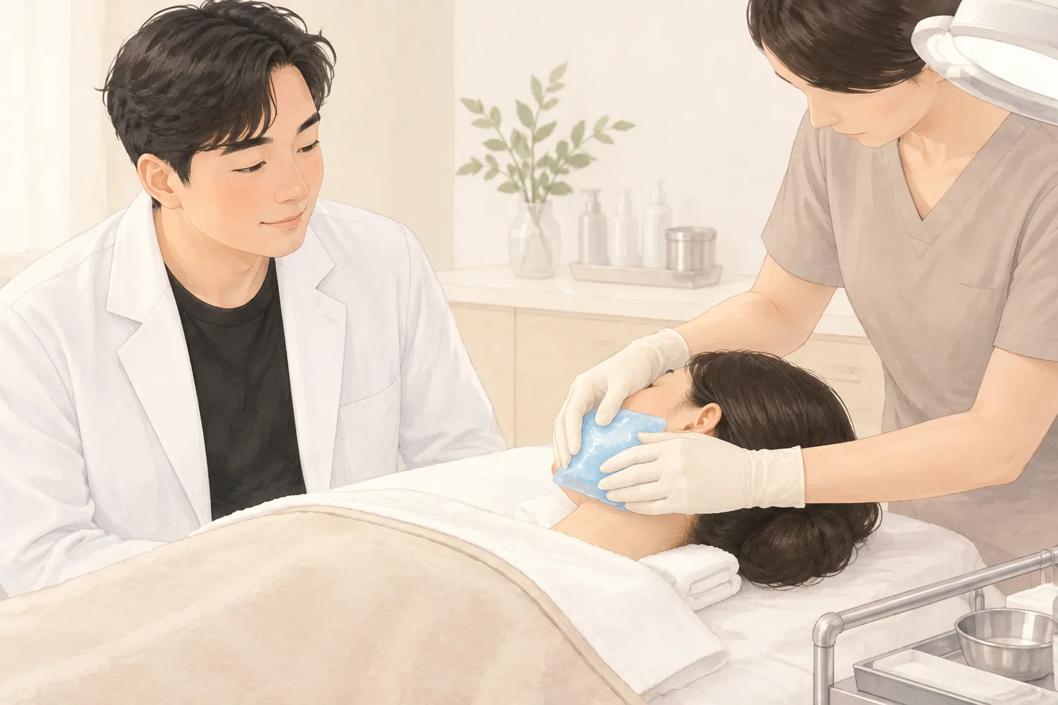 医院里将冰凝胶敷在患者脸颊上的戴手套的手与一旁观看的男性