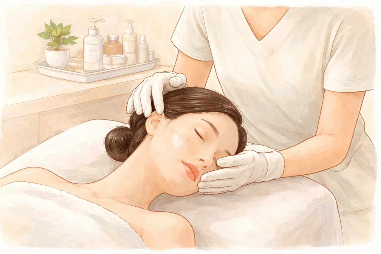 戴手套的醫療人員為躺著的女子塗抹保濕品