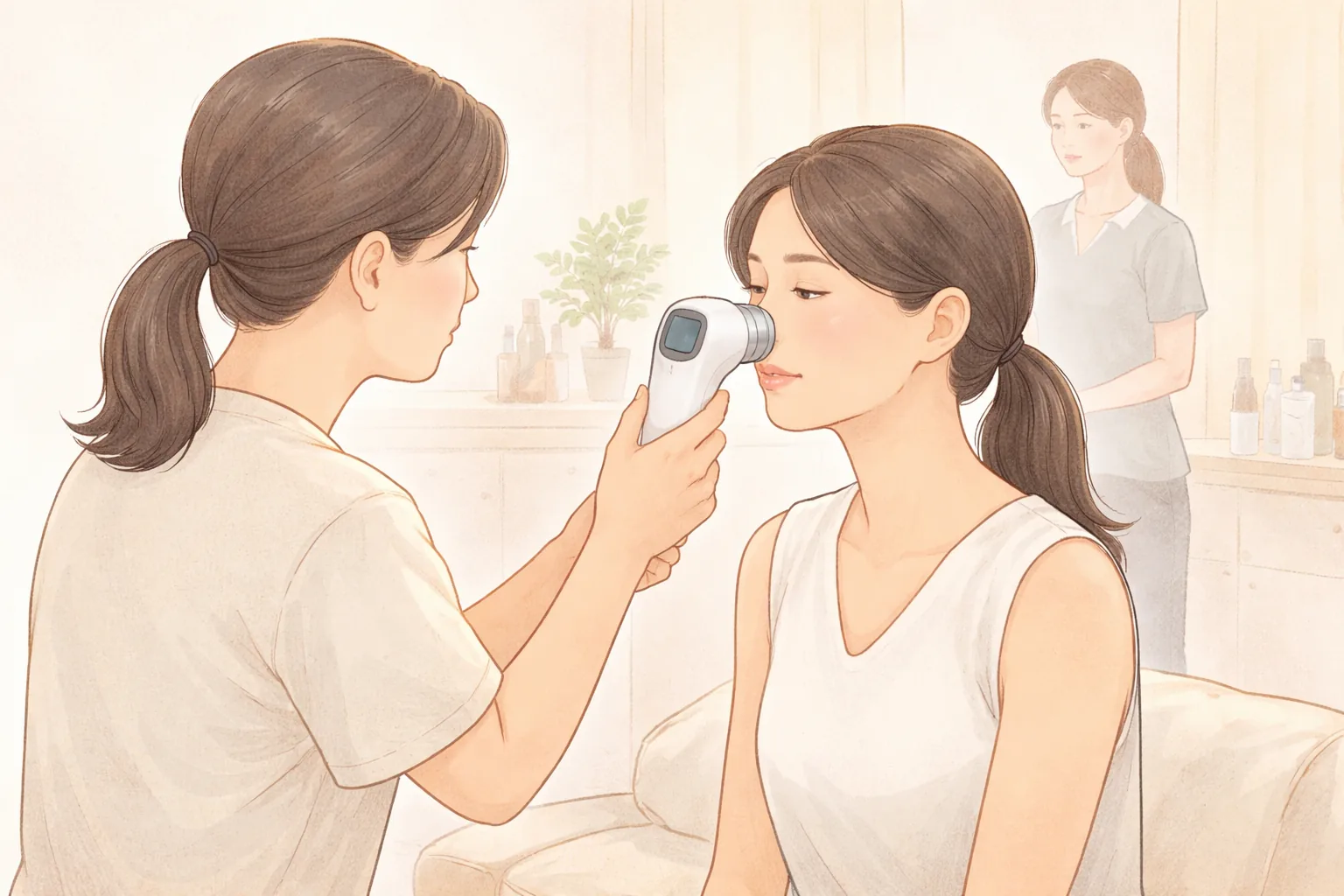피부 분석 기기를 여성의 얼굴에 대는 의료진과 앉아있는 여성