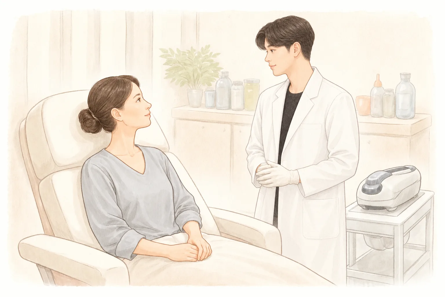 一名女子坐在治療室椅子上,與身旁的醫療人員交談,旁邊有放著儀器的托盤。