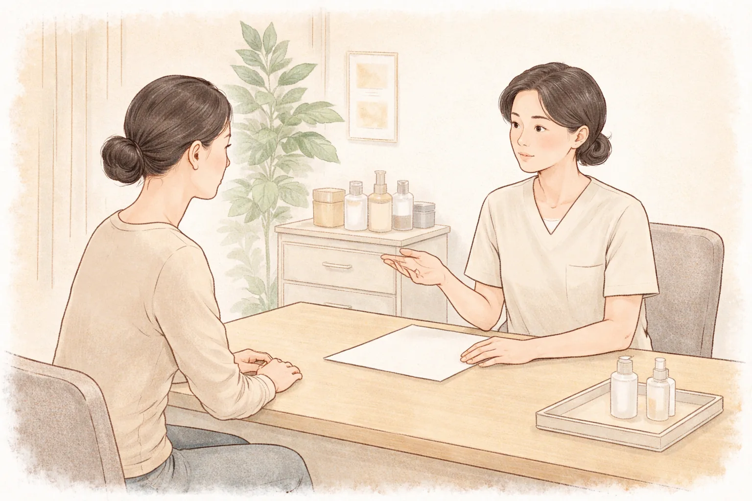 諮詢室桌前相對而坐交談的兩位女性