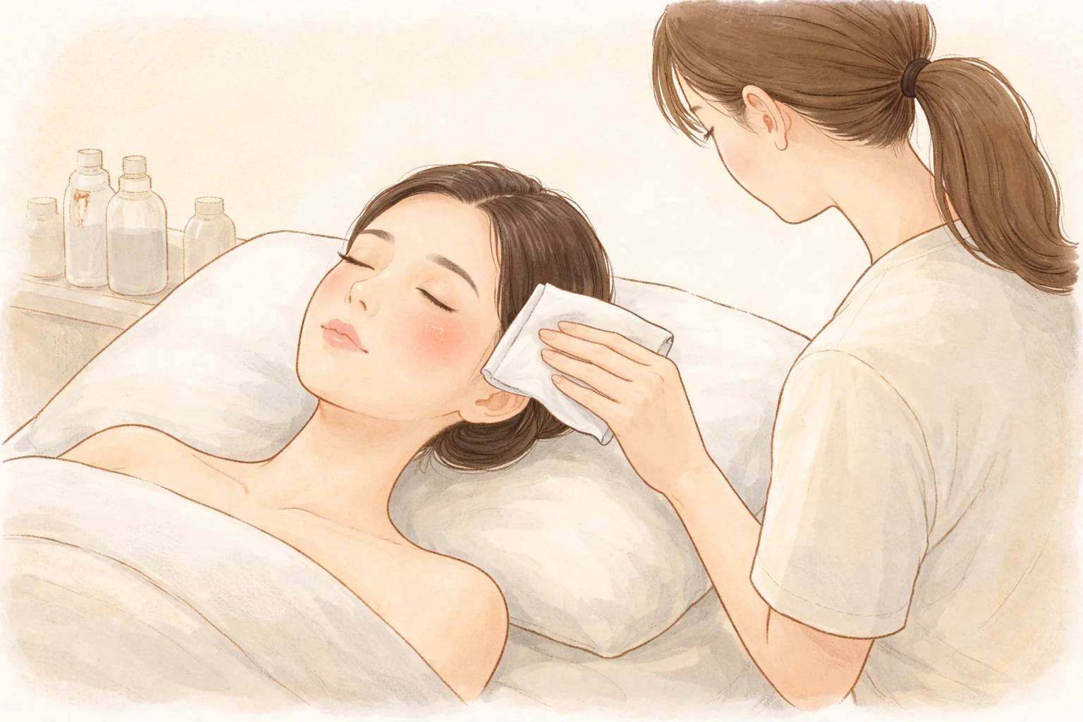 女性躺在诊疗床上，女医护人员在旁边用冷敷布擦拭她的脸颊
