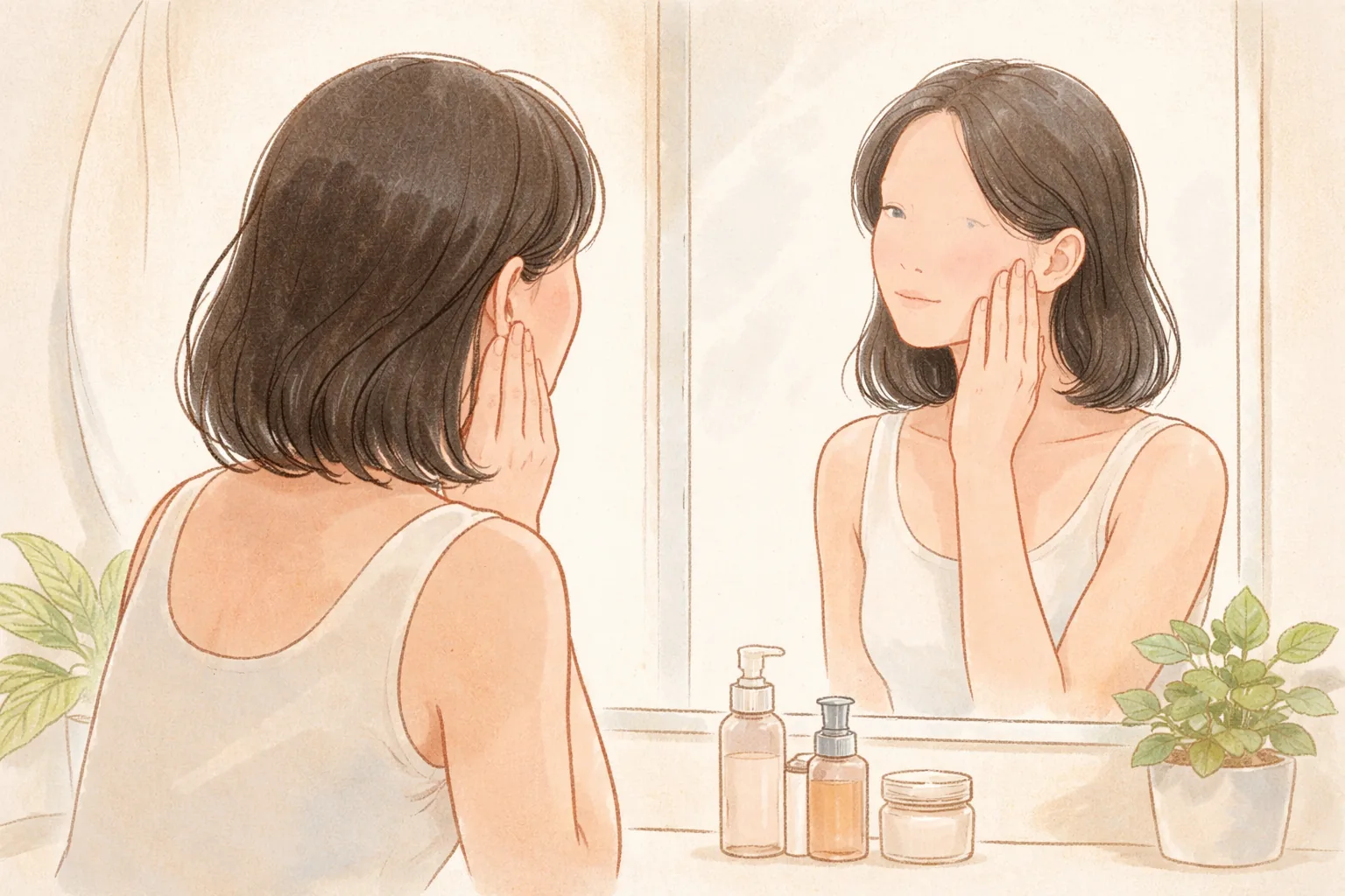 Wanita menekan pipi dengan ujung jari di depan cermin dengan wadah kosmetik dan tanaman