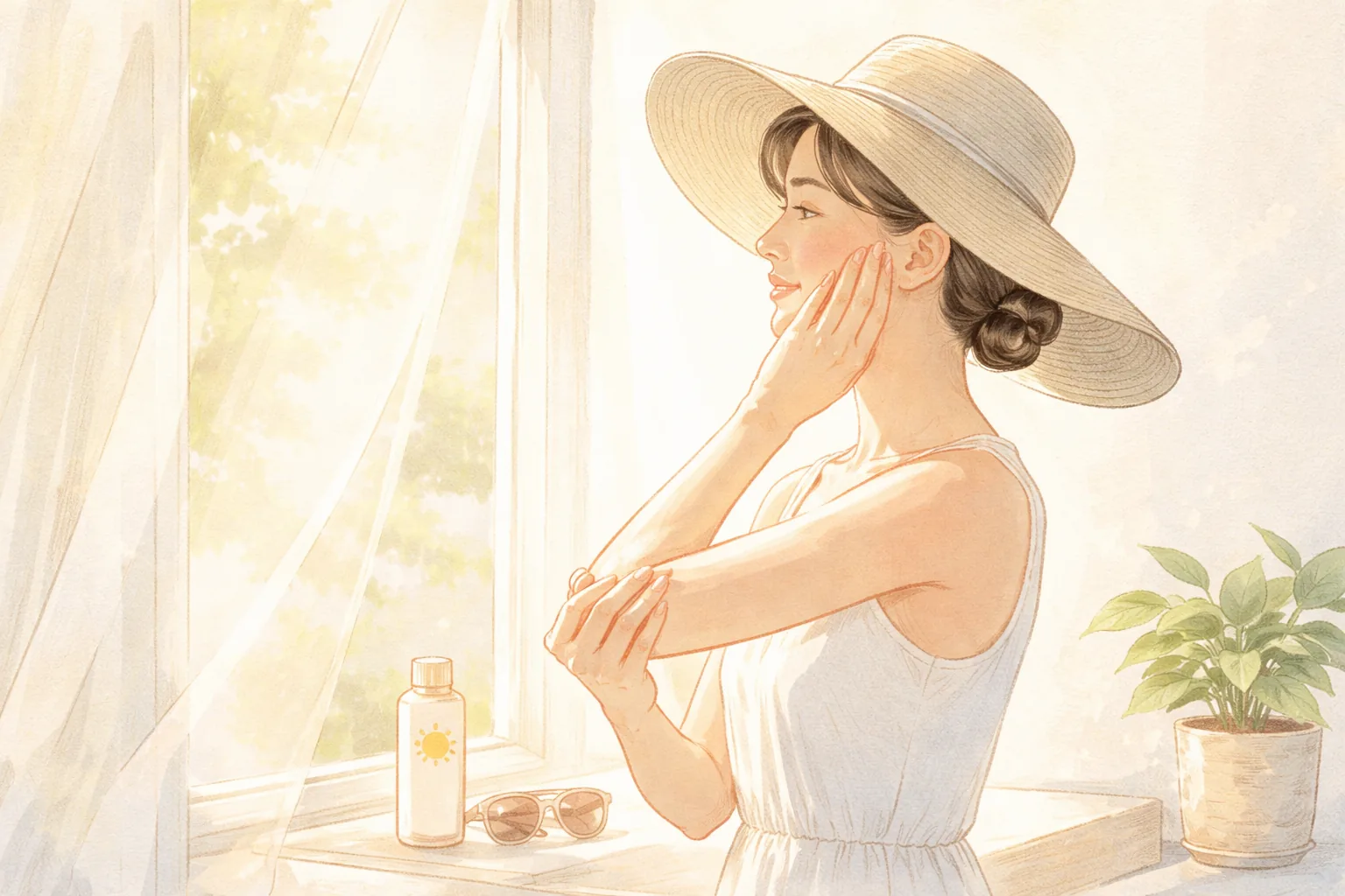 窓辺で大きな帽子をかぶった女性が腕に日焼け止めを塗っている