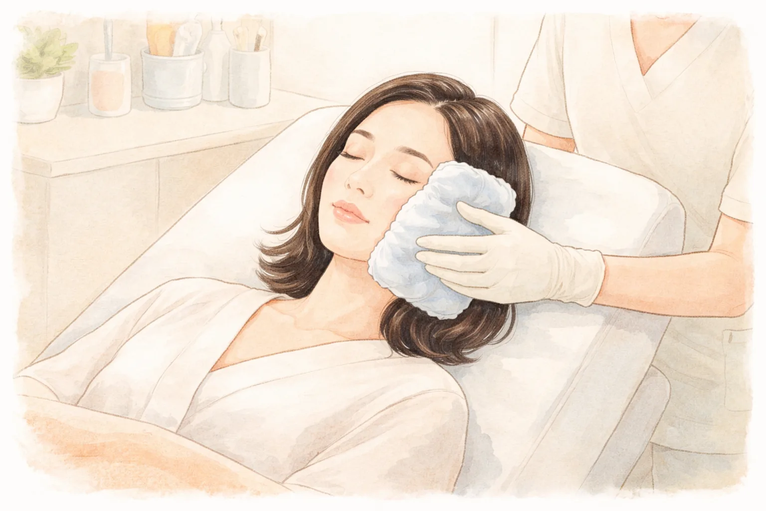 ベッドに横たわり目を閉じた女性が顔に冷却パックを乗せている