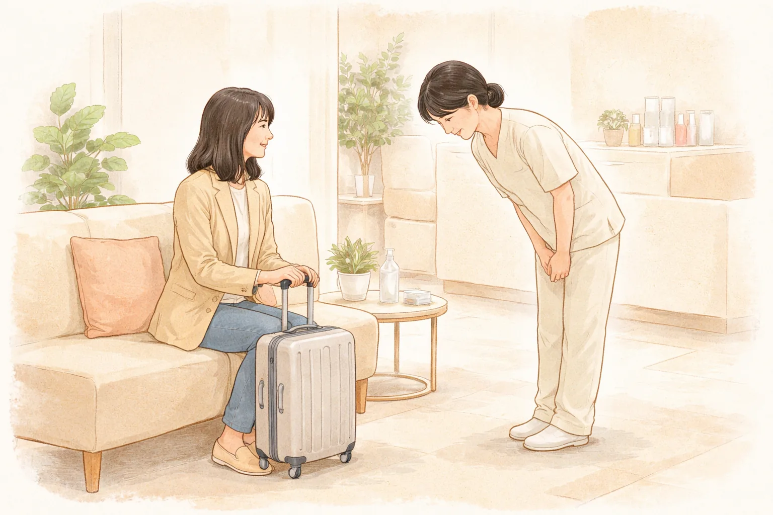 Woman seated beside a suitcase while a clinician greets her