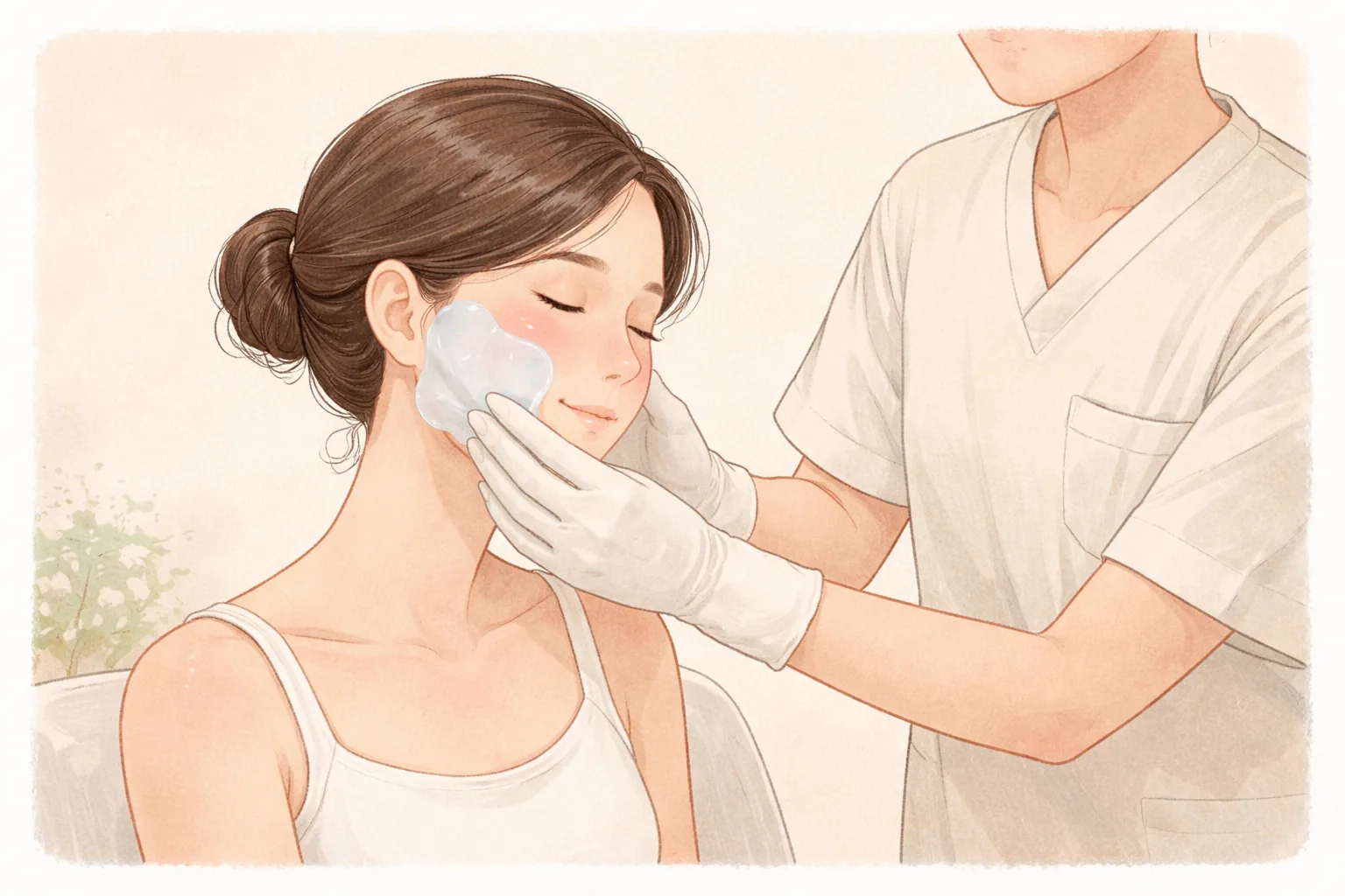 Seorang wanita duduk dengan nyaman dan tenaga medis meletakkan lembaran gel di pipinya dengan tangan bersarung tangan