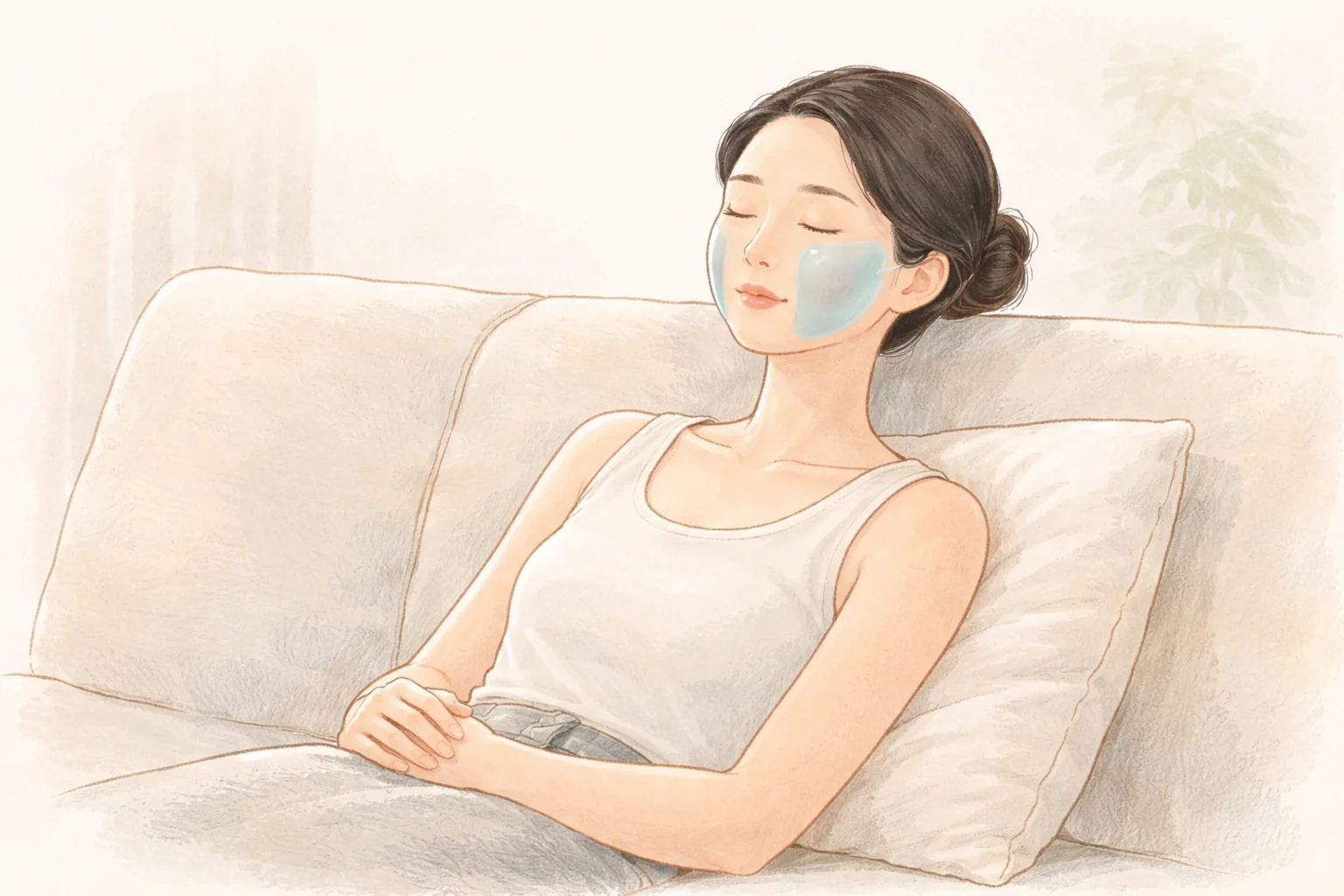 Woman resting on a sofa with eyes closed and cooling gel patches on her cheeks