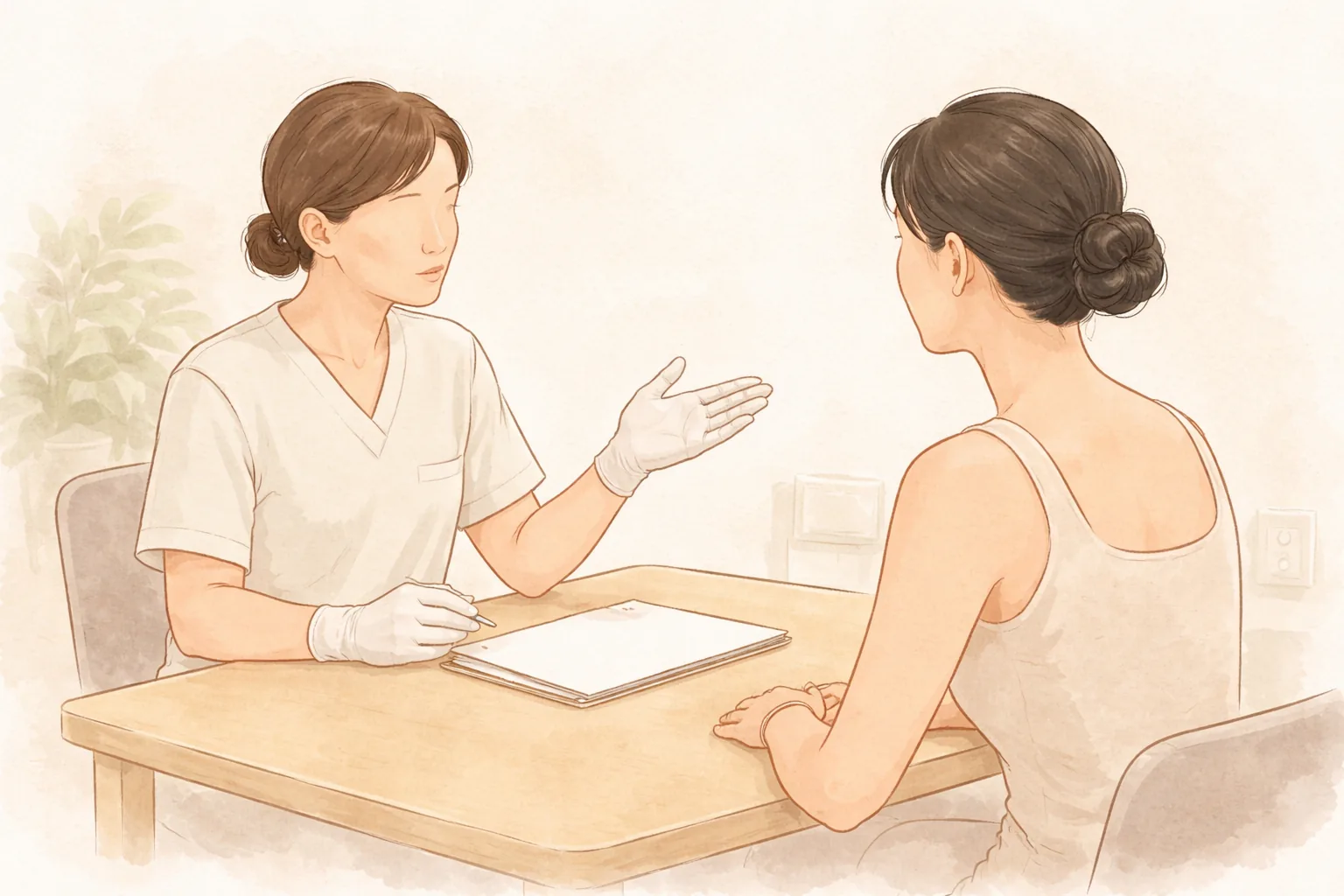Two women sitting across a table talking with a clinician
