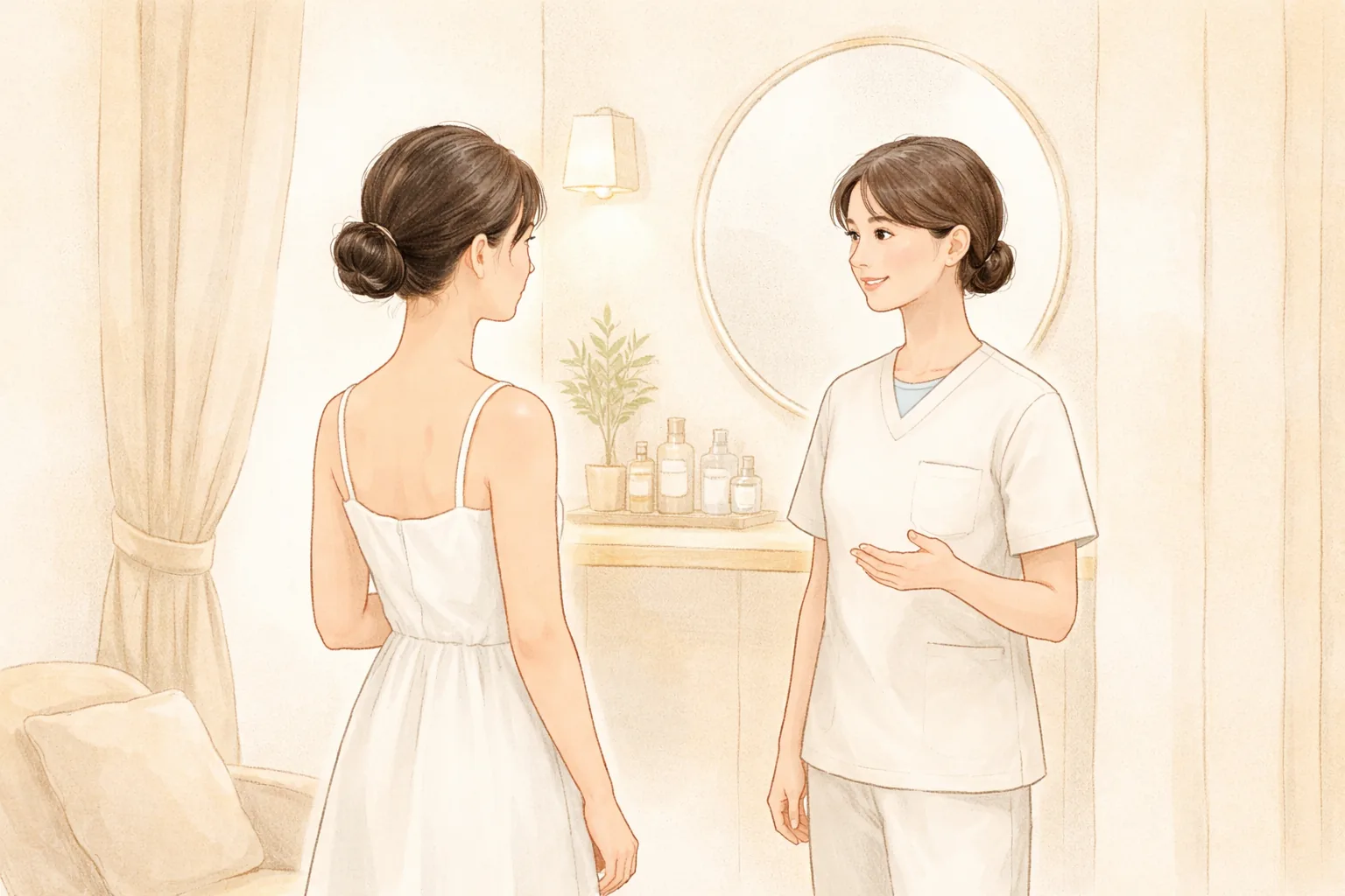 クリニックの服装の女性と白いワンピースの女性が話す様子