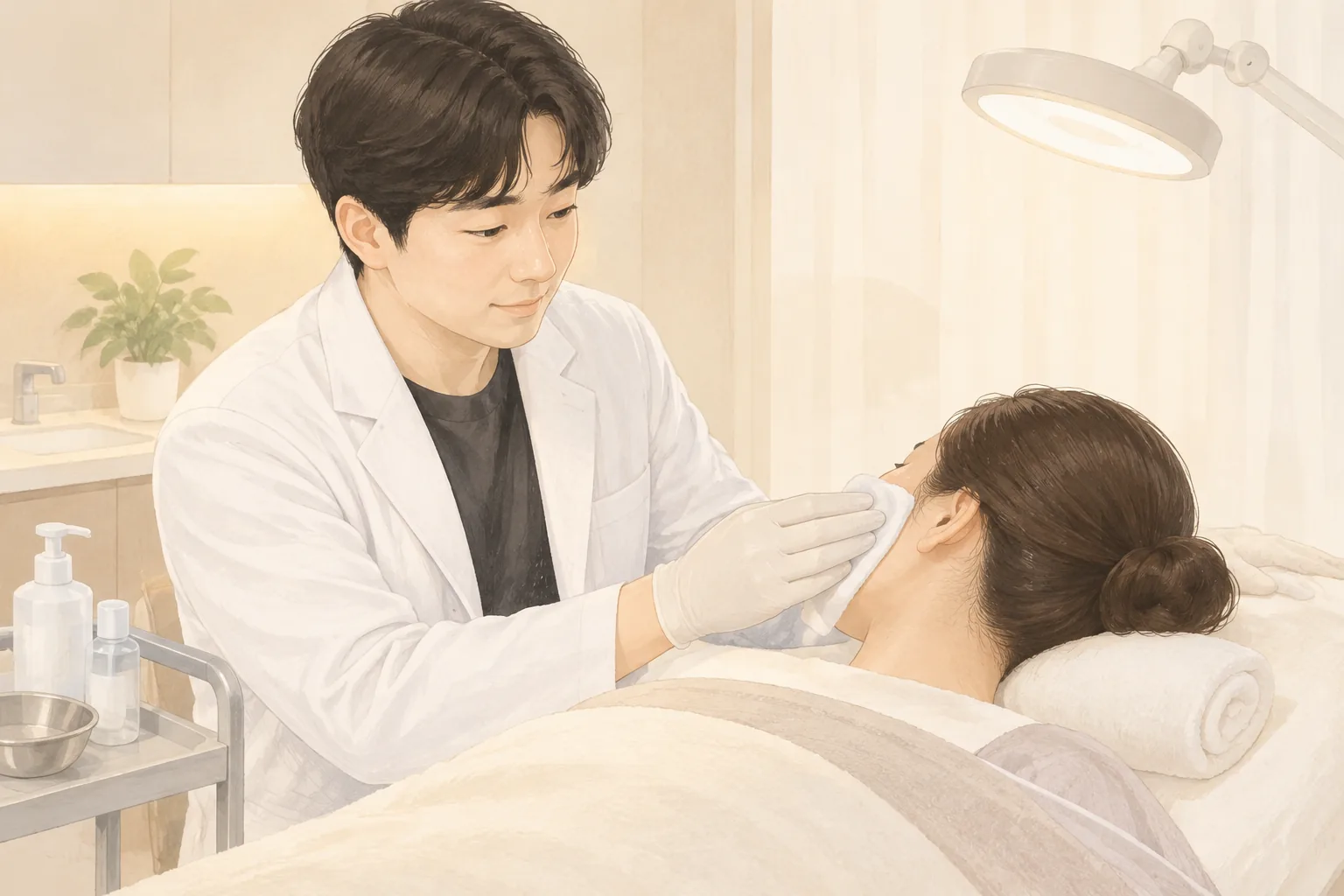 장갑 낀 남성이 누운 여성 환자의 볼에 수건을 대고 있음