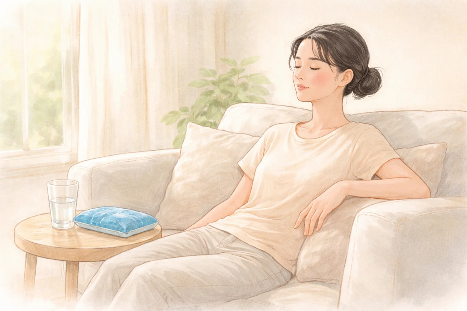 서늘한 거실 소파에 앉아 눈을 감고 쉬는 여성과 옆 탁자의 냉각 팩과 물잔