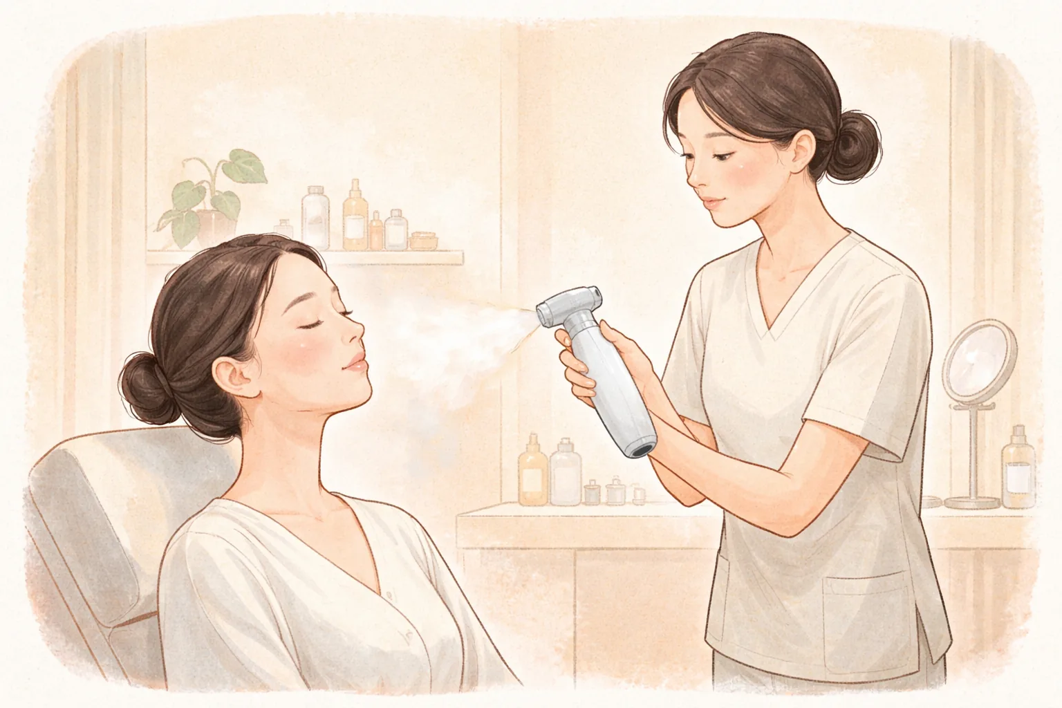 의료진이 앉아있는 여성의 얼굴에 안개를 쐬고 있음