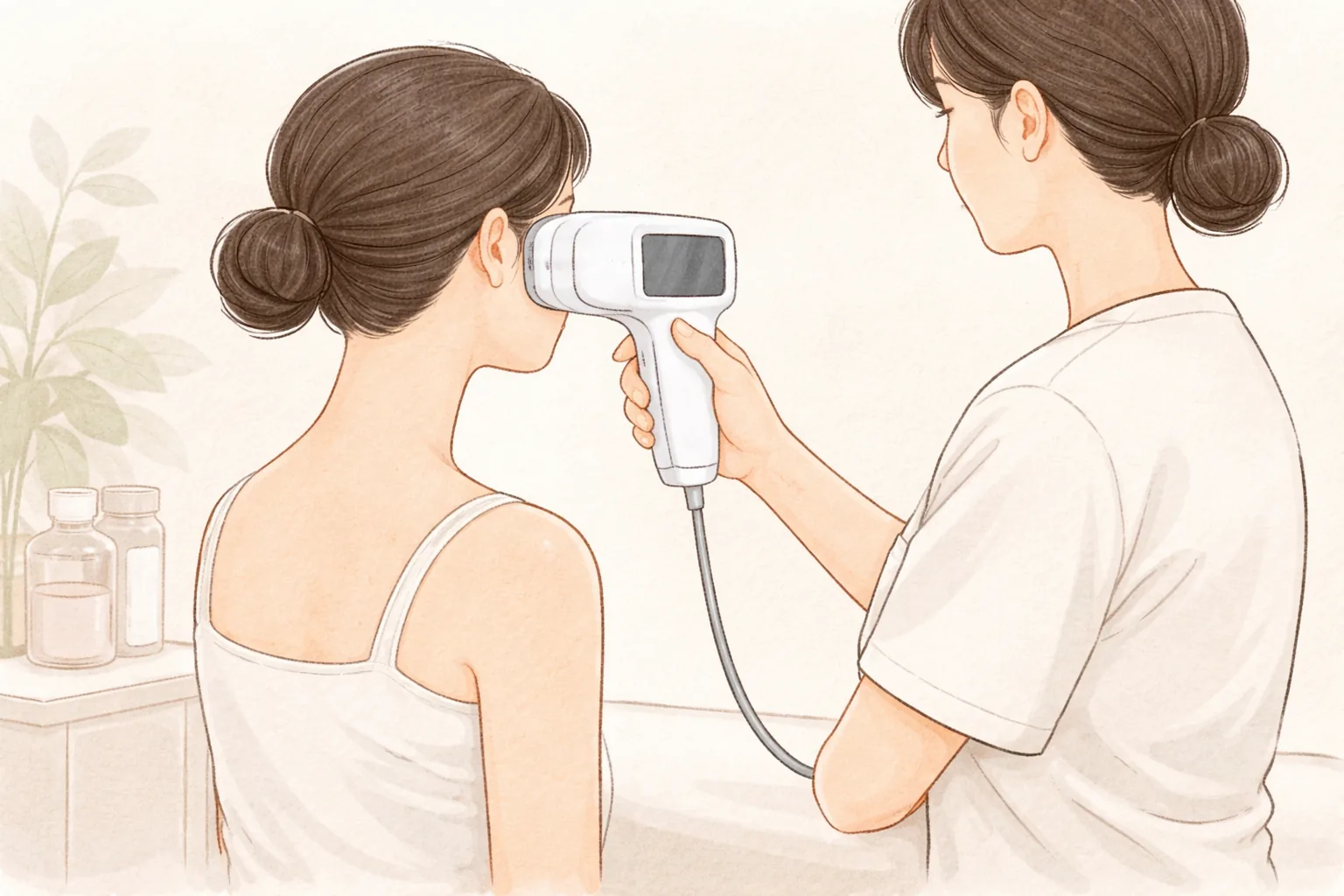 医療スタッフが患者の頬に肌分析カメラを近づけている様子