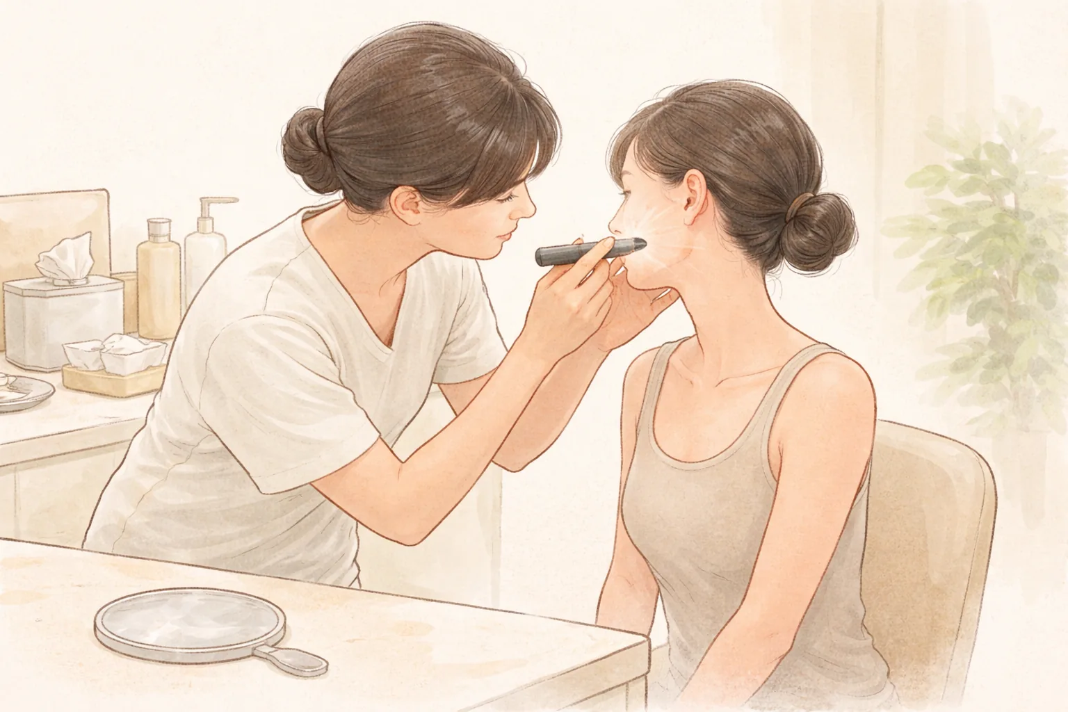 醫療人員用小燈檢查女性臉頰肌膚