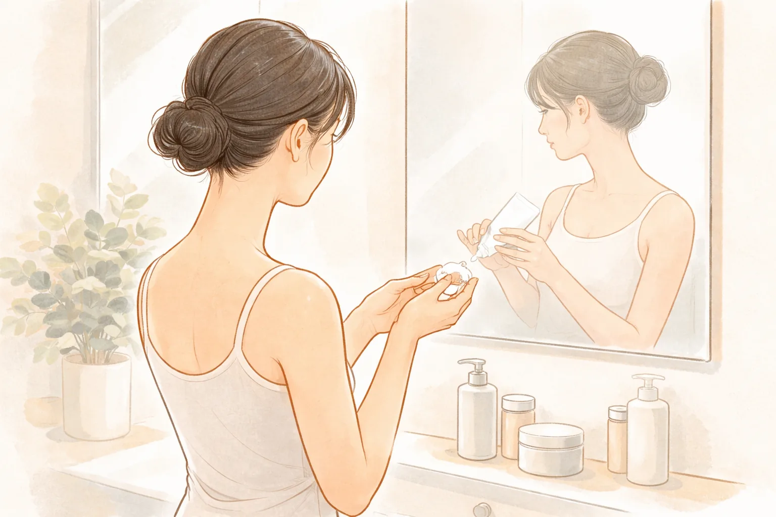 Wanita menuang pelembap ke tangannya di depan cermin kamar mandi dengan wadah kosmetik di wastafel