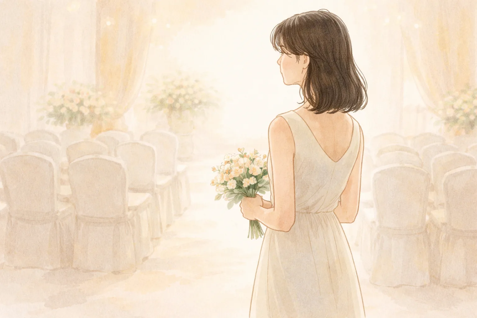 明るい結婚式場で花束を持つ白いドレスの女性の後ろ姿