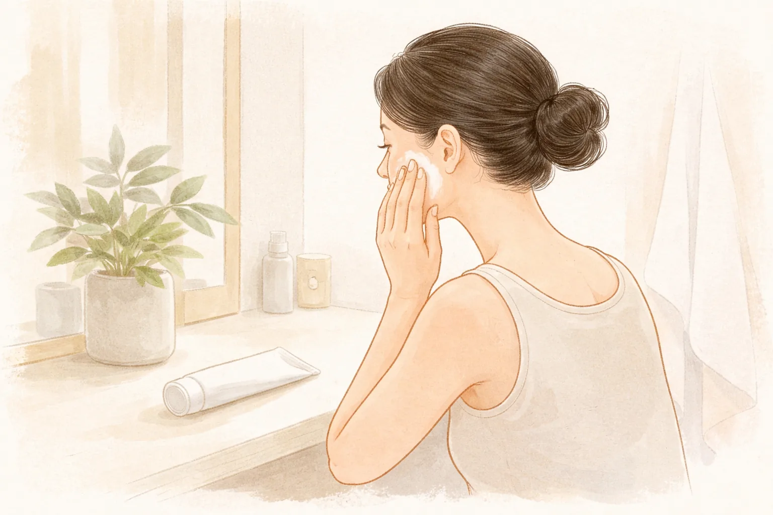髪をまとめた女性が鏡の前で指先で頬に保湿剤を塗っている