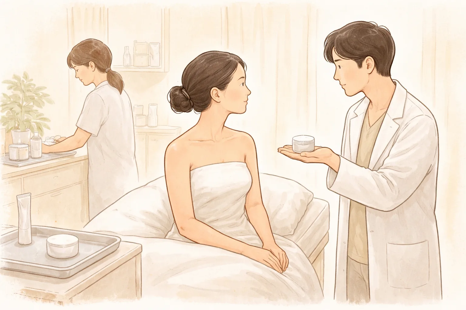 白衣の男性が保湿剤を持って座る女性を案内し、背景で別の人が作業している場面