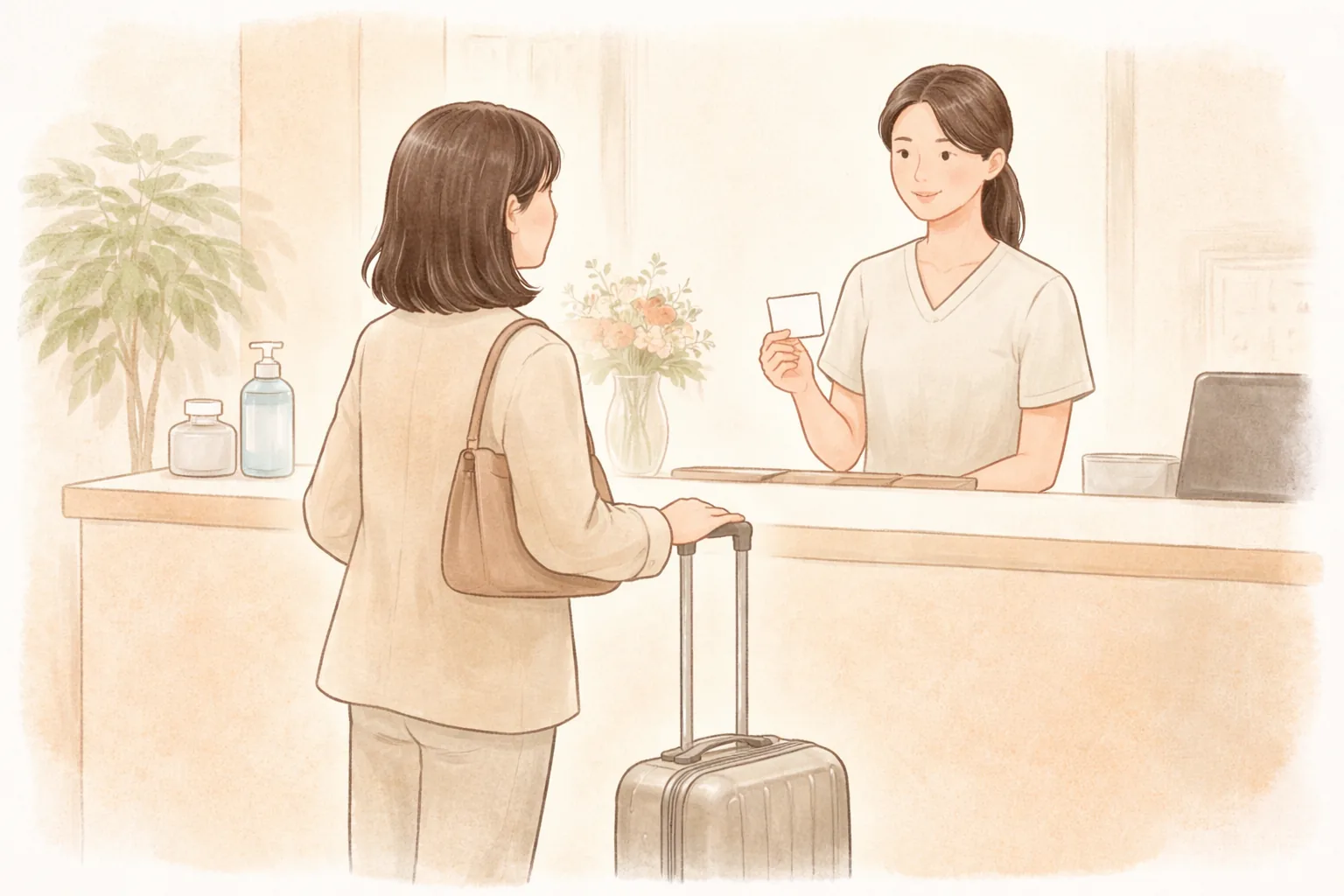 一名女性拉著行李箱在櫃檯與醫療人員交談