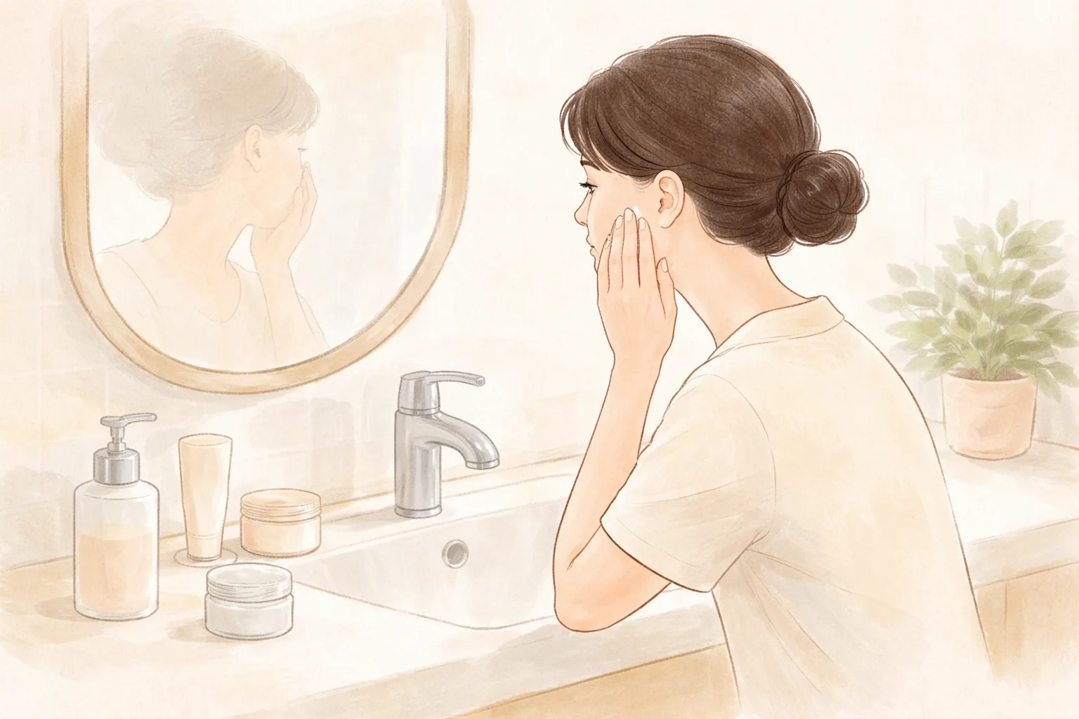 A woman applying moisturizer to her cheek while looking in the mirror at a sink
