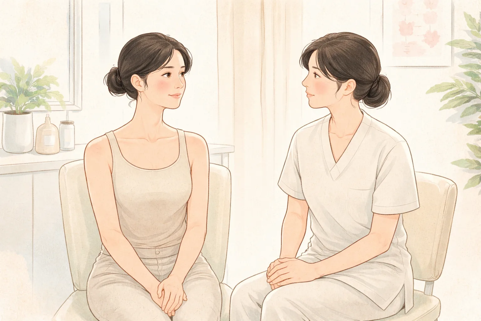 在明亮諮詢室面對面交談的兩位女性