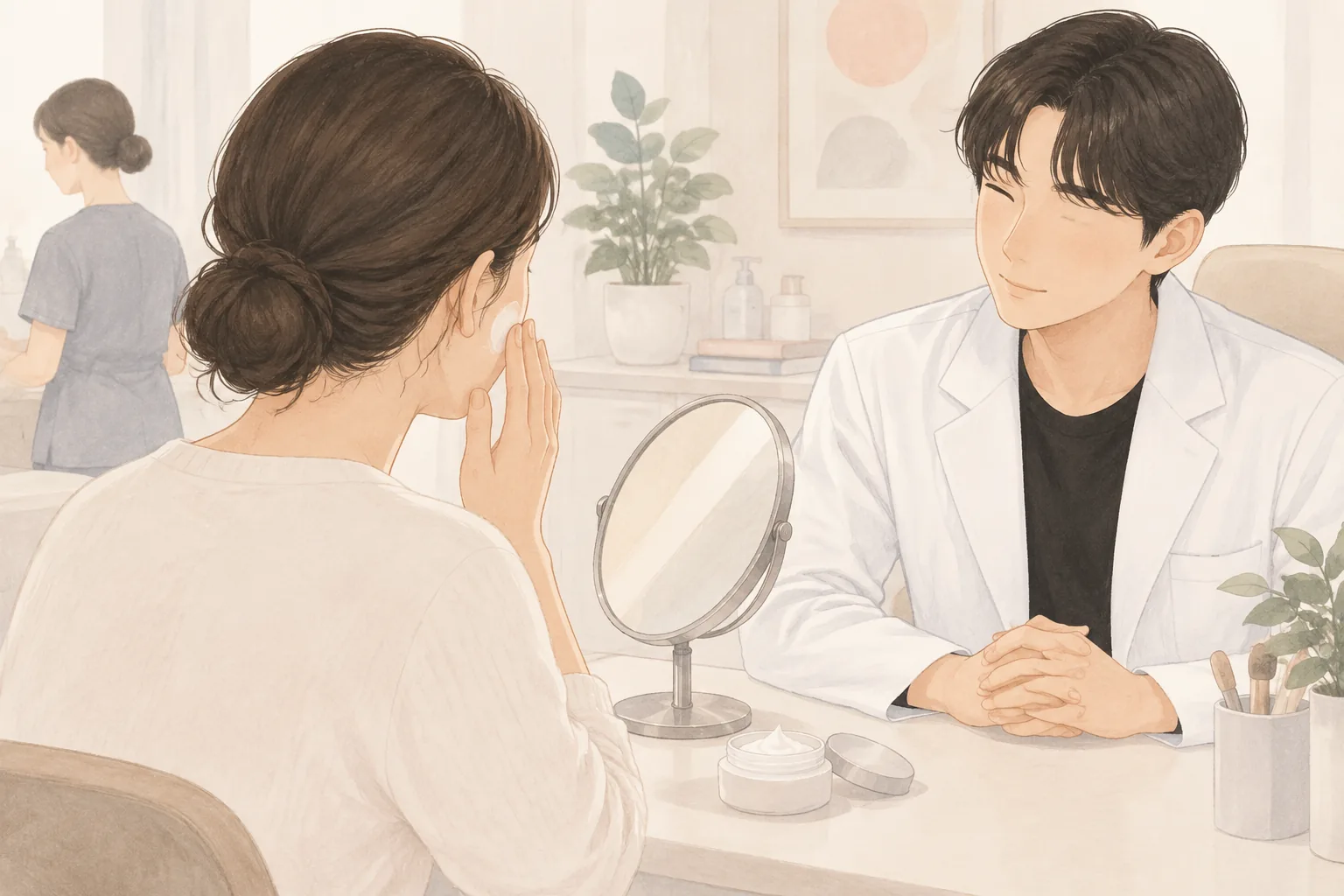 امرأة تضع مرطبًا على خدها ورجل يراقب بجانبها
