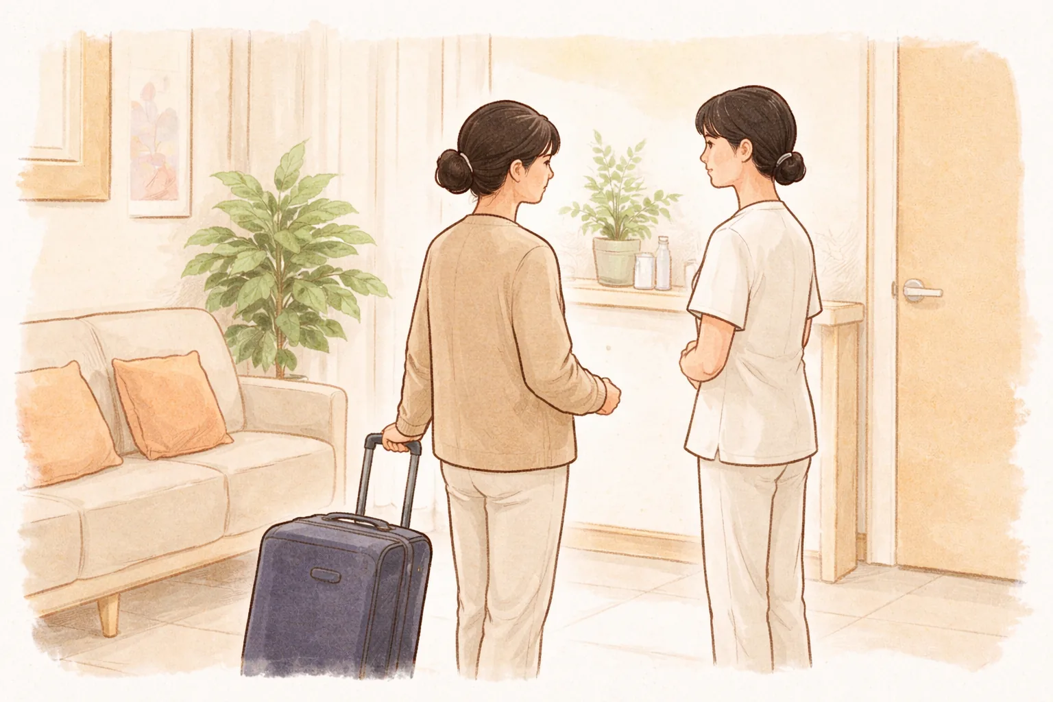 女性拉著行李箱站在候診區,與醫師面對面交談