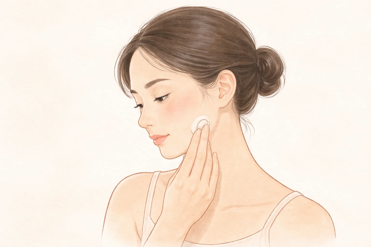 머리를 묶은 여성이 손에 든 패드로 얼굴을 닦고 있음