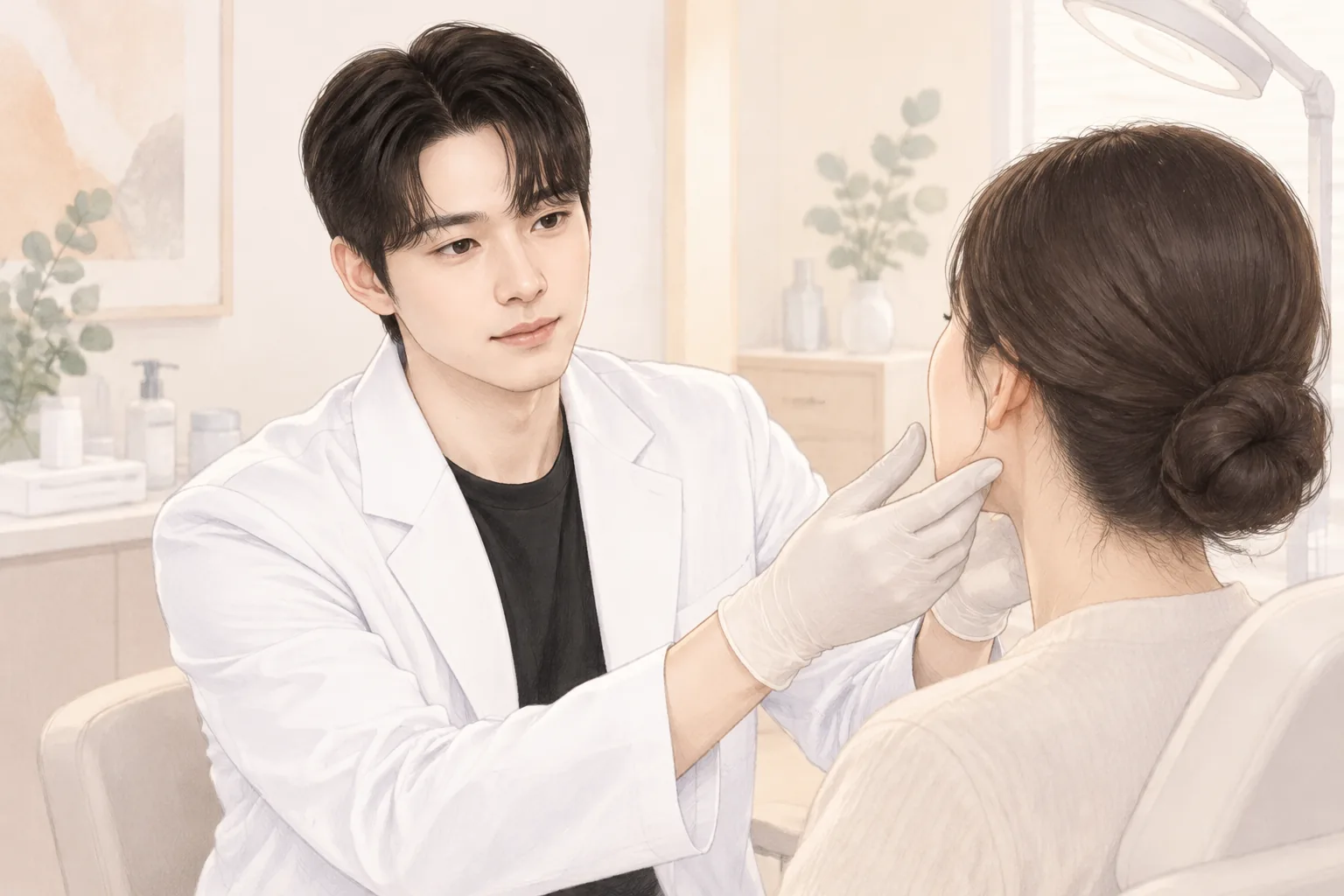 手袋をした男性の医療スタッフが女性患者のあごのラインを診る様子