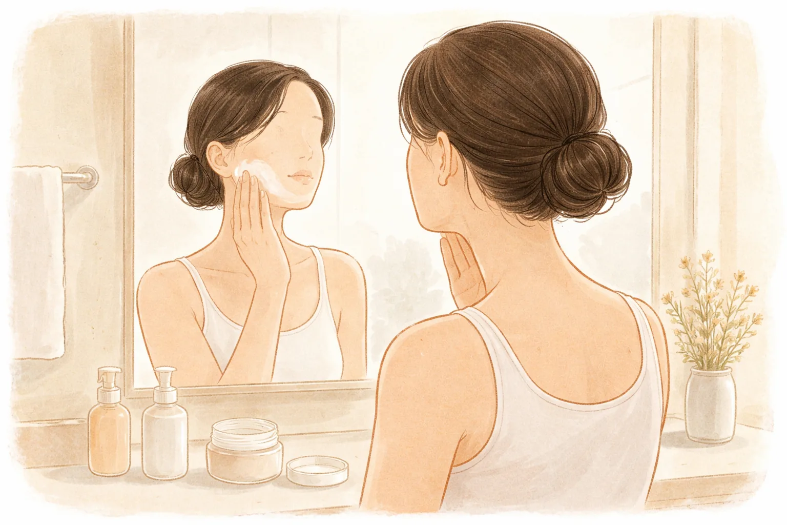 鏡の前で頬に保湿剤を塗る女性と手