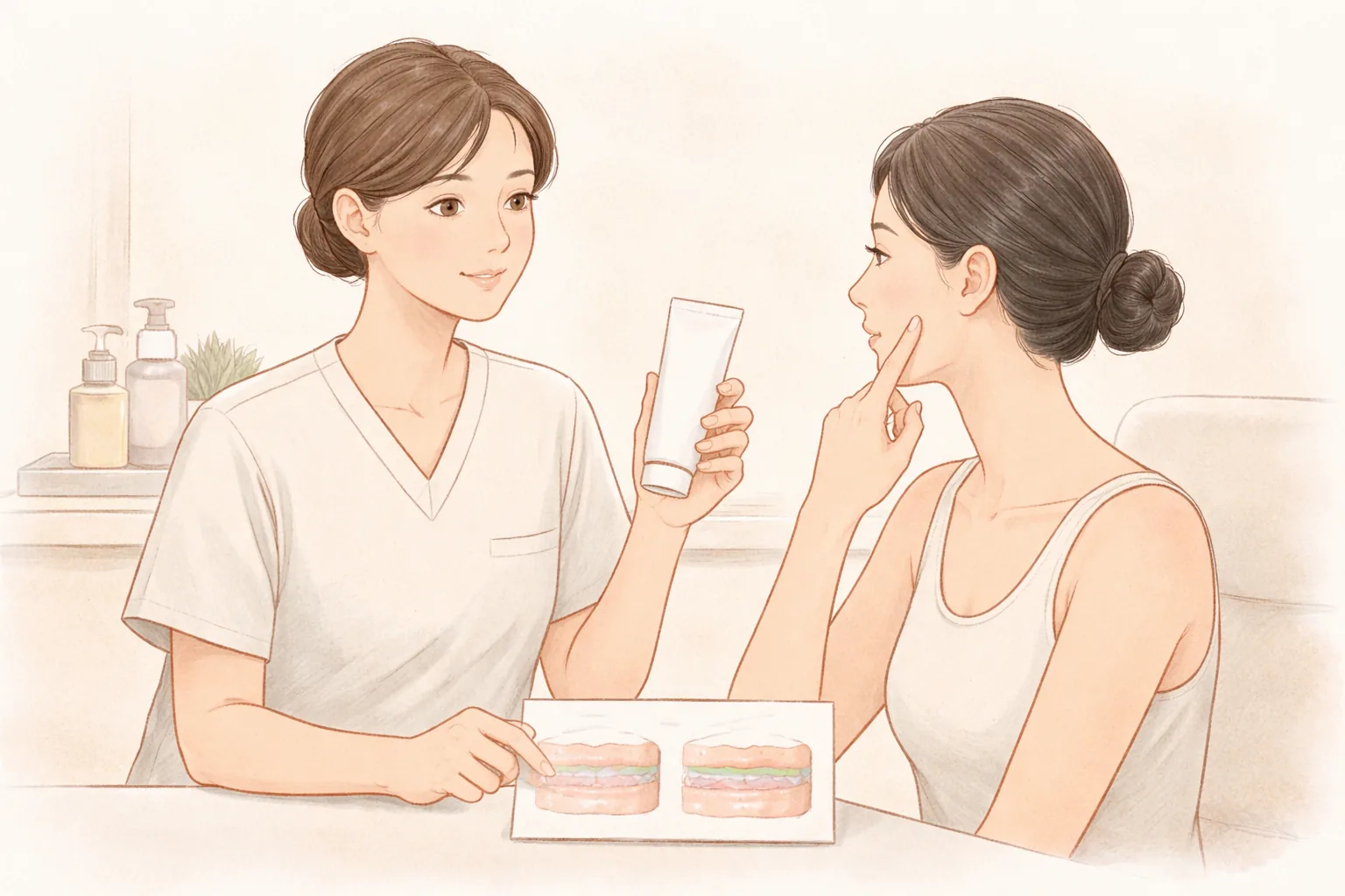 醫療人員拿著白色軟管向女性說明,女性專注聆聽