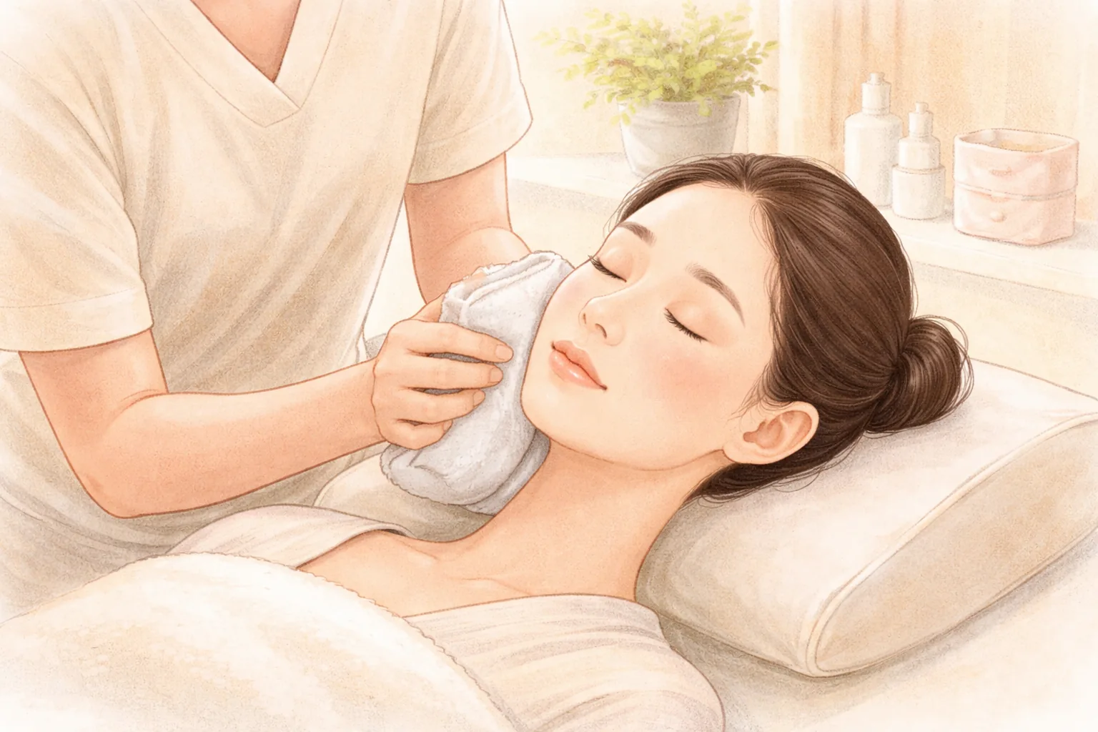ベッドに横たわる女性の頬に冷却パックを当てる医療スタッフの手