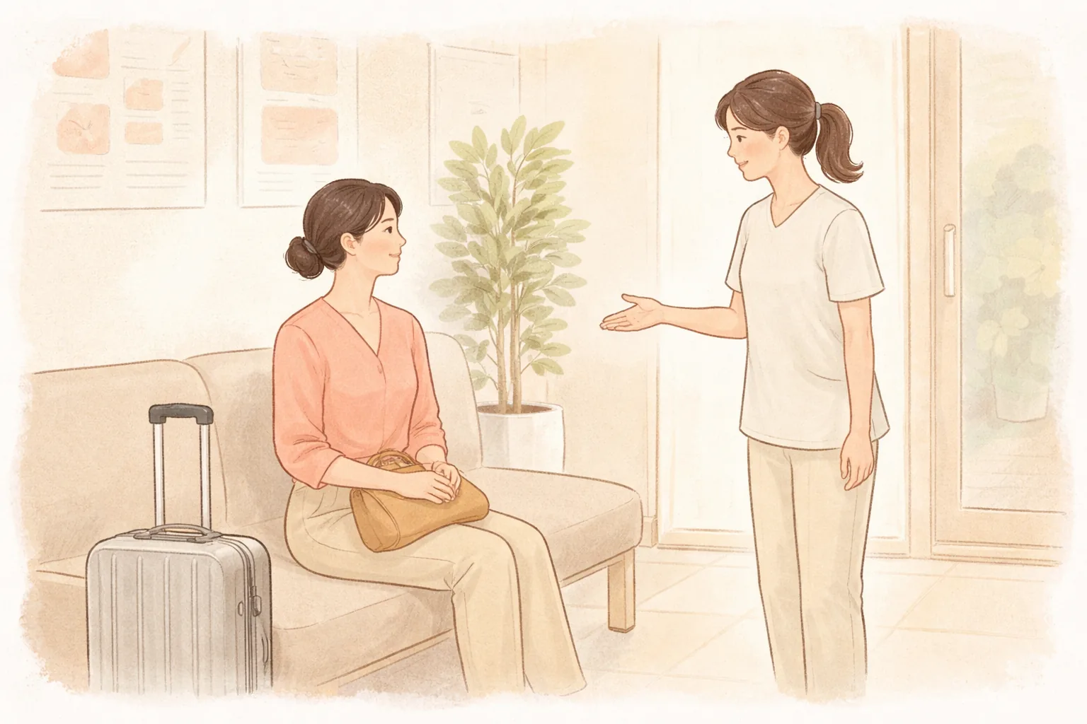 Woman sitting with a suitcase and holding a bag while greeting a clinician
