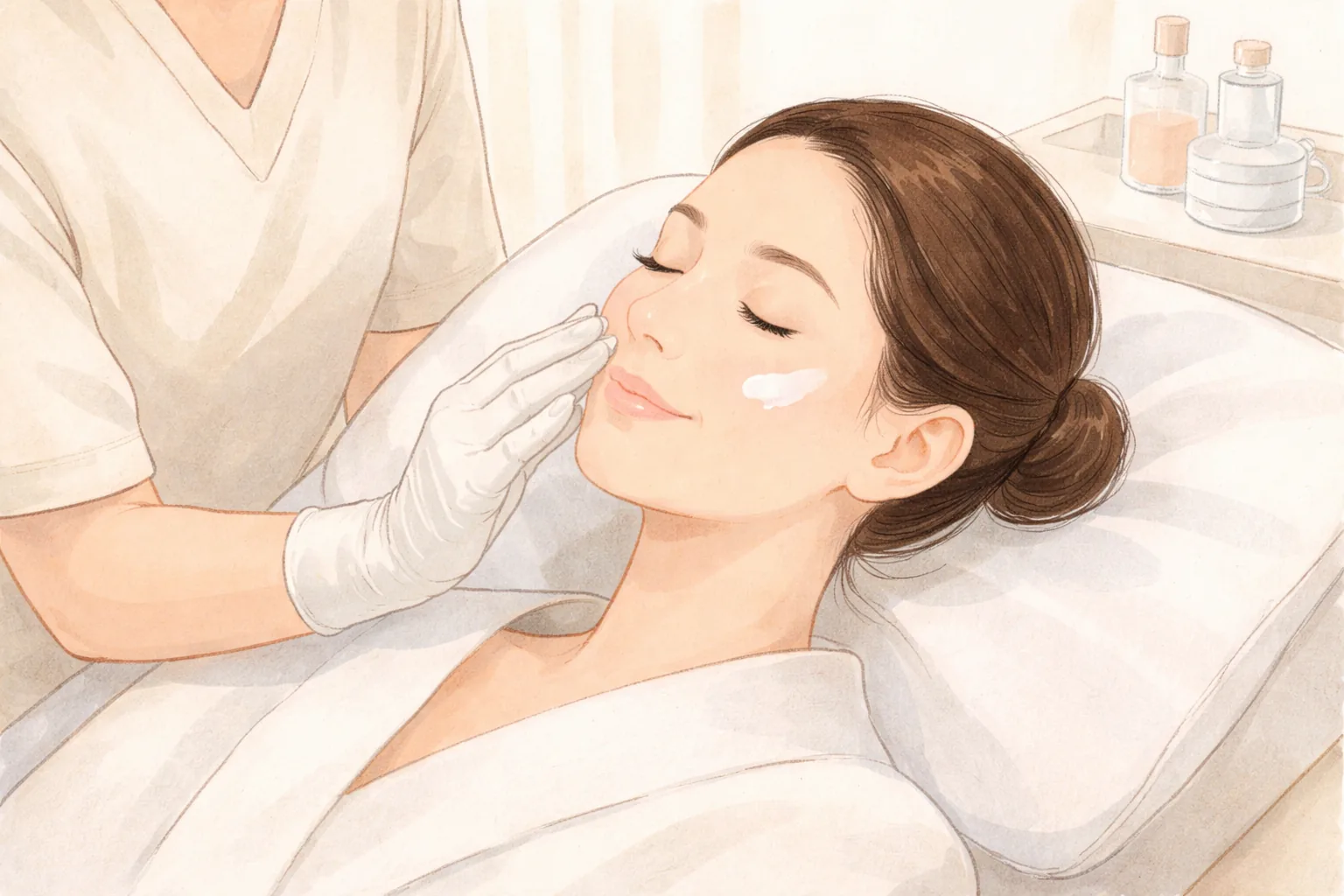 Clinician applying cream to a reclining patient's cheek with a gloved hand