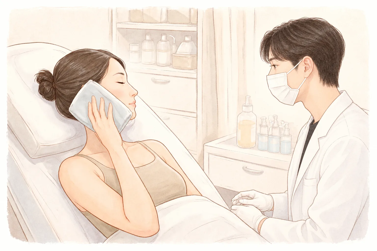 戴口罩的男子将布包裹的冷敷包放在躺着的女性脸颊上