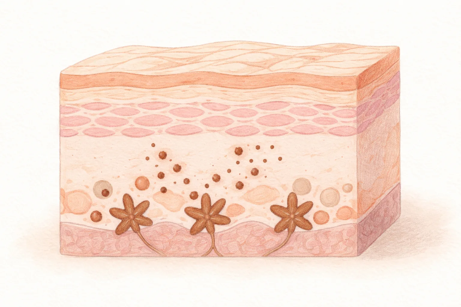 Corte de piel con melanocitos en la capa basal de la epidermis y melanina extendiéndose alrededor