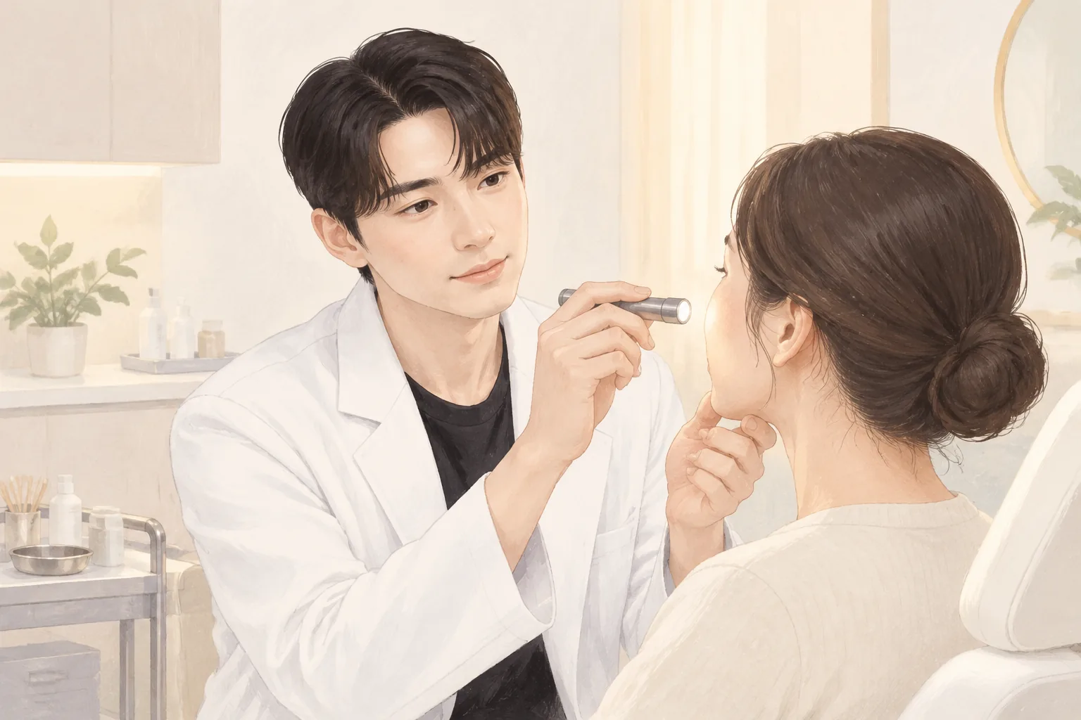 身穿白大褂的男士用小灯查看女士面部