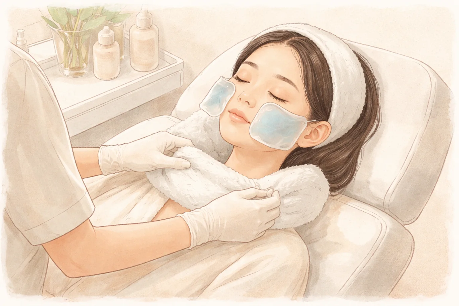 女性闭眼躺着,脸颊上放着冷凝胶垫,戴手套的手在旁