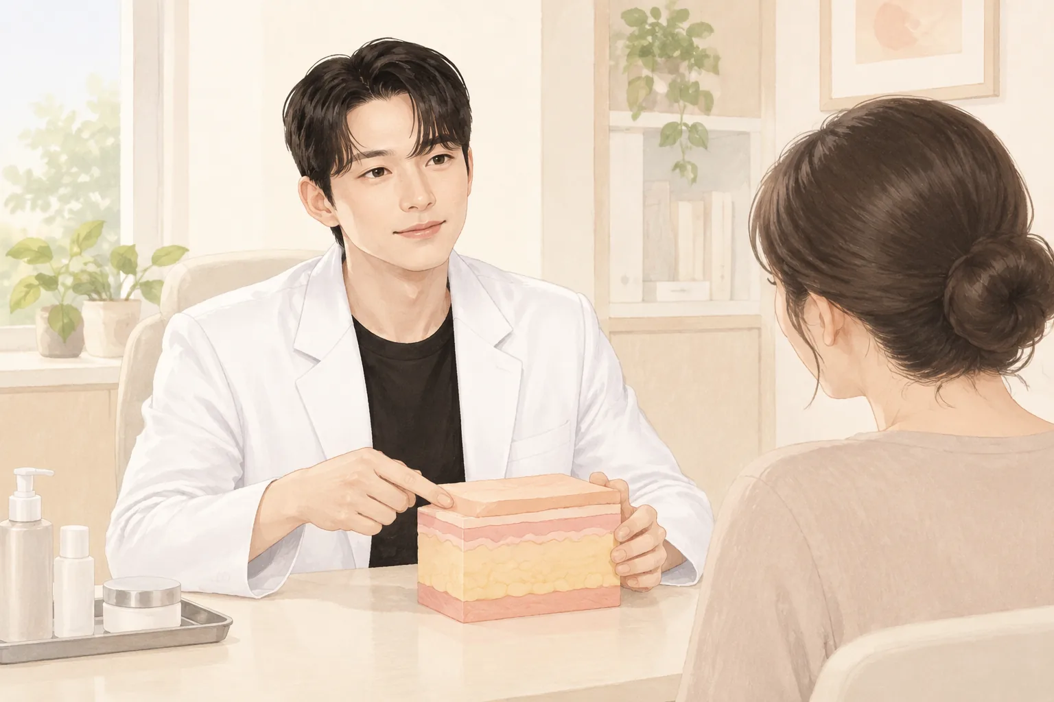 진료실에서 피부 단면 모형을 가리키며 설명하는 남자 원장과 이를 듣는 여성 환자