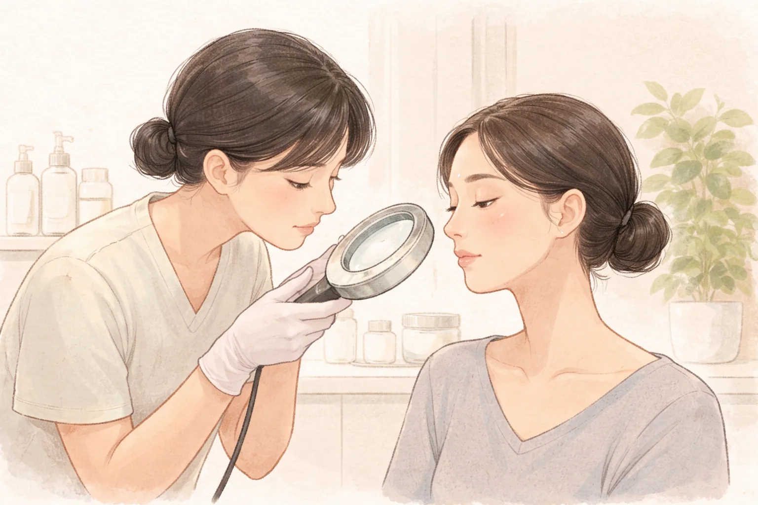 의료진이 돋보기 조명으로 여성의 볼 부위를 살피고 있다